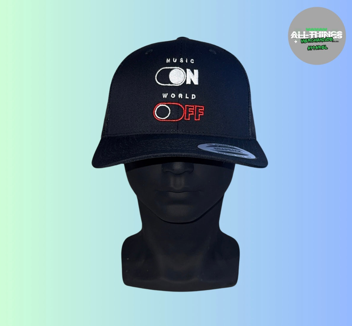 MUSIC ON - WORLD OFF Black Snapback Trucker Cap