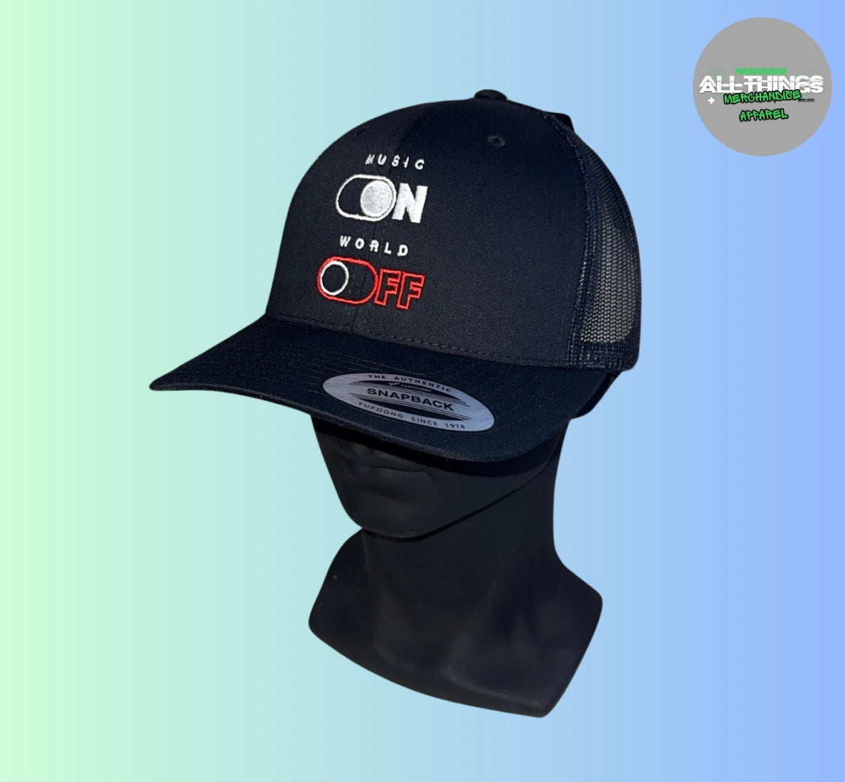MUSIC ON - WORLD OFF Black Snapback Trucker Cap