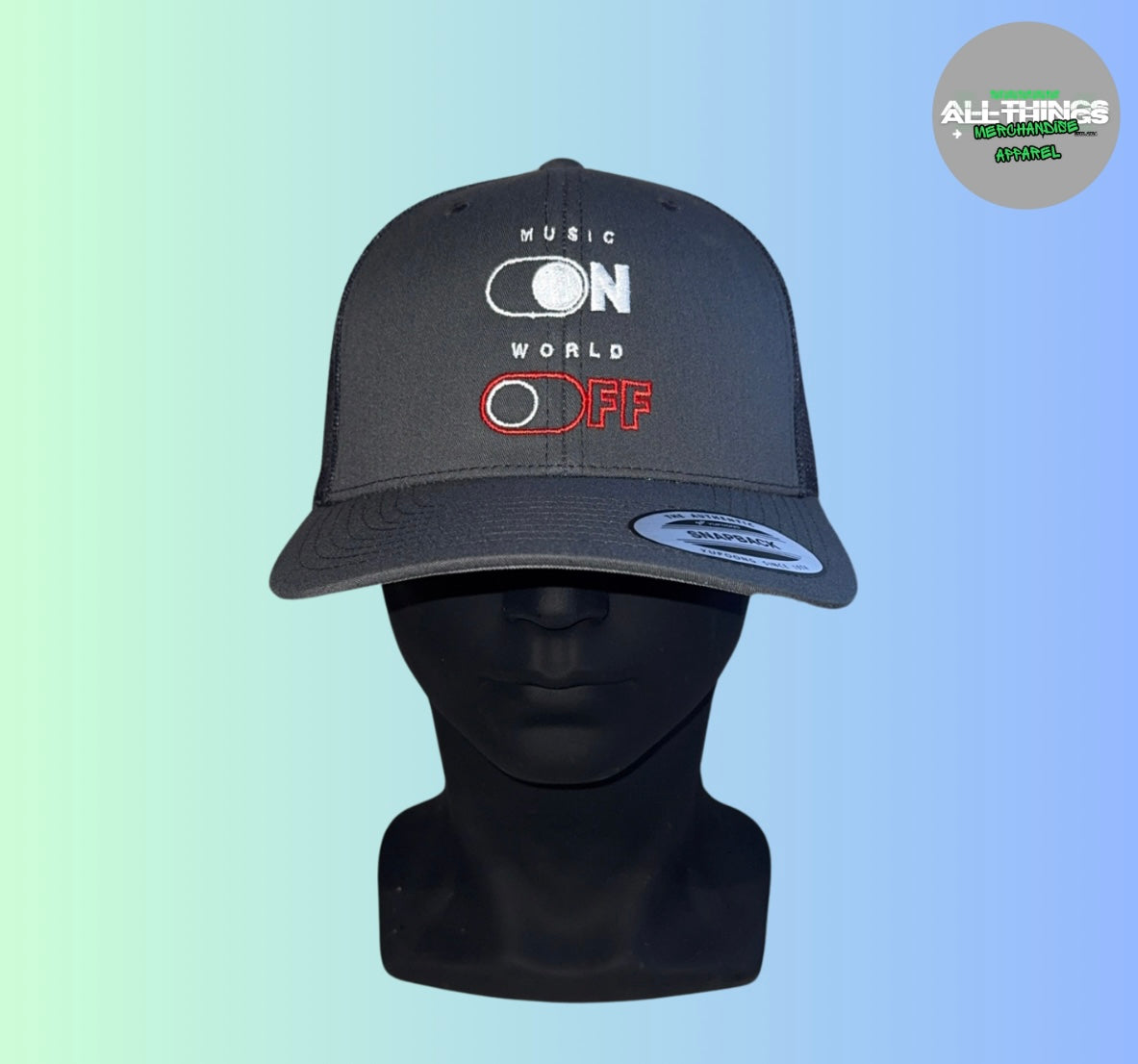 MUSIC ON - WORLD OFF Grey Snapback Trucker Cap