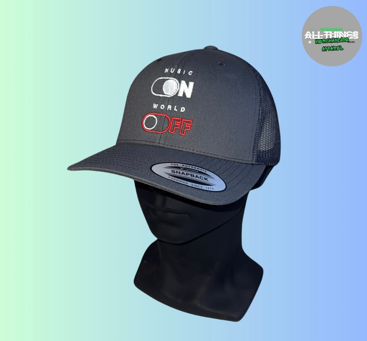 MUSIC ON - WORLD OFF Grey Snapback Trucker Cap