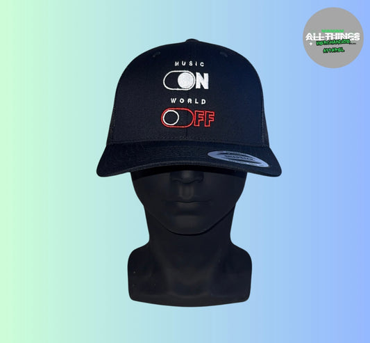 MUSIC ON - WORLD OFF Black Snapback Trucker Cap